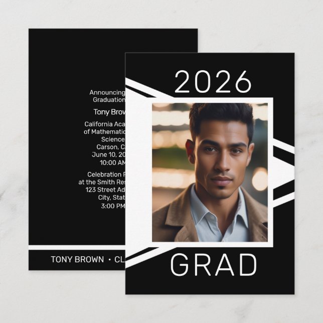 Anuncio Modern Black White Photo Graduation Announcement (Anverso / Reverso)
