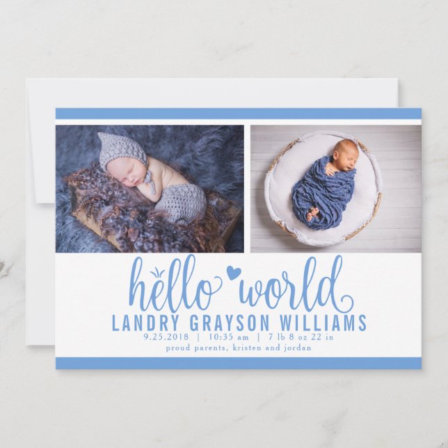 Anuncio Modern Blue Hello World Photo Birth Stat (Anverso)