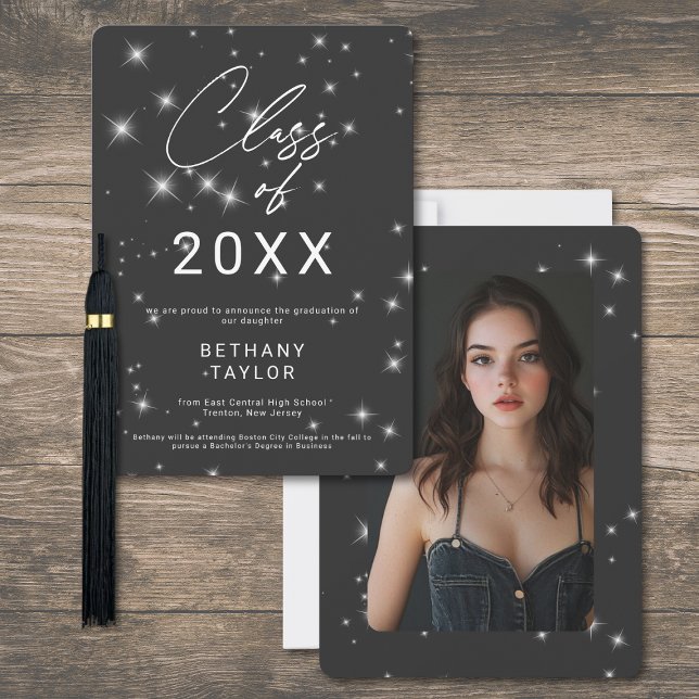Anuncio Modern Charcoal Black & White Sparkle Graduation (Modern Charcoal Black & White Sparkle Graduation Announcement)