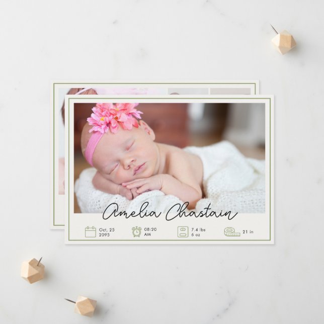 Anuncio Modern Green Newborn Baby Photo Collage Birth  (Anverso/Reverso In Situ)