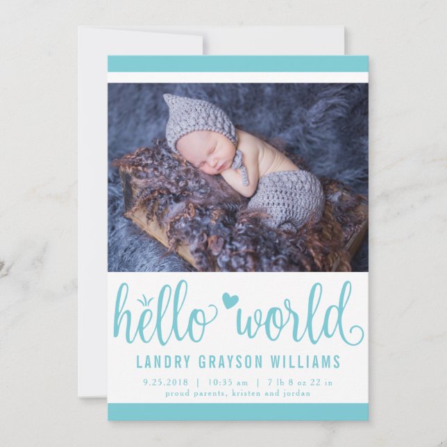 Anuncio Modern Hello World Photo Aqua Birth Stat (Anverso)