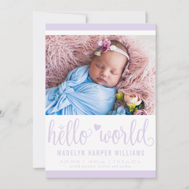 Anuncio Modern Hello World Photo Purple Birth Stat (Anverso)
