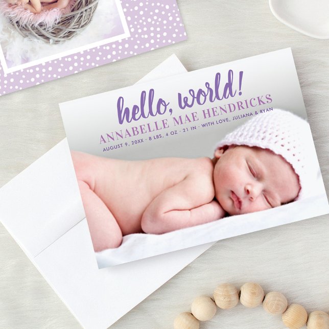 Anuncio Modern Hello World Purple Baby Photo Birth (Subido por el creador)