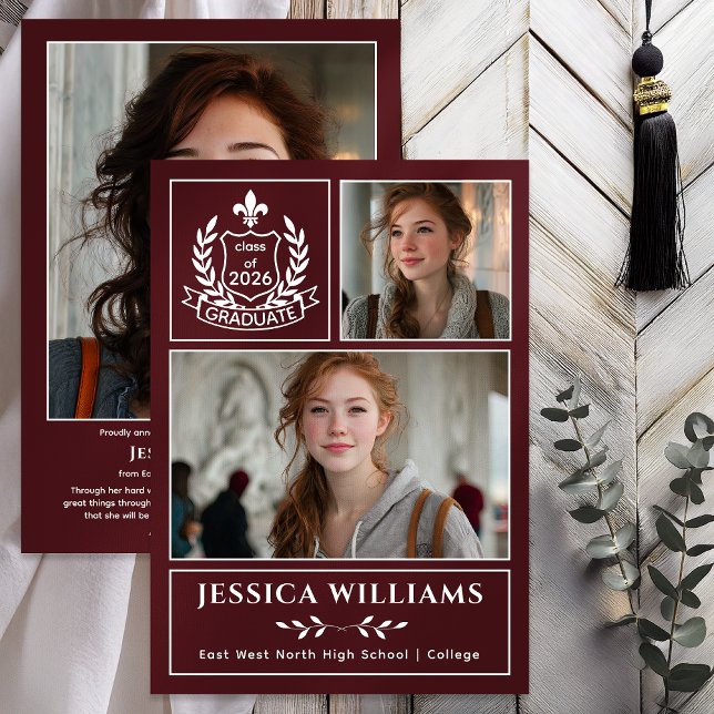 Anuncio Modern Laurels 3 Photo Class of 2026 Graduation  (Modern Laurels | Fleur de Lis Crest Graduate 3 Photo Graduation Announcement -Print | Digital - Wine)
