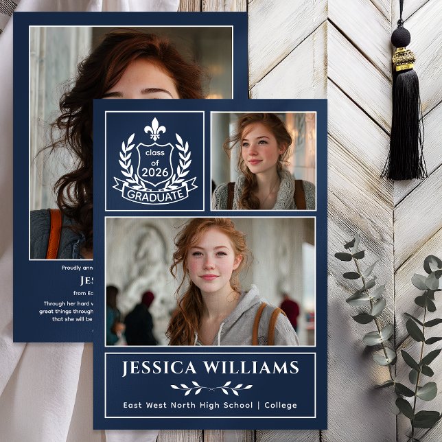 Anuncio Modern Laurels 3 Photo Class of 2026 Graduation  (Modern Laurels | Fleur de Lis Crest Graduate 3 Photo Graduation Announcement -Print | Digital - Blue)