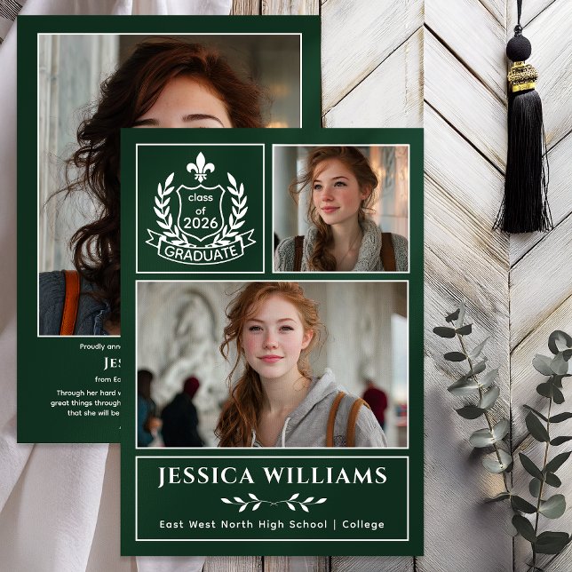 Anuncio Modern Laurels 3 Photo Class of 2026 Graduation  (Modern Laurels Fleur de Lis Crest Graduate 3 Photo Graduation Announcement -Print | Digital - Green)