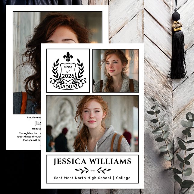 Anuncio Modern Laurels 3 Photo Class of 2026 Graduation  (Modern Laurels | Fleur de Lis Crest Graduate 3 Photo Graduation Announcement -Print | Digital - BW)