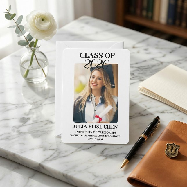 Anuncio Modern Minimalist Photo Graduation Black Script  (Modern Minimalist Photo Graduation Black Script Class of 2026 Elegant Professional)