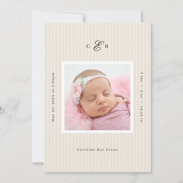 Anuncio Modern Monogram Photo Birth Announcement (Anverso)