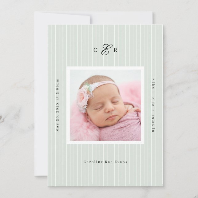 Anuncio Modern Monogram Photo Birth Announcement (Anverso)