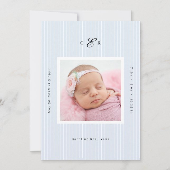 Anuncio Modern Monogram Photo Birth Announcement (Anverso)