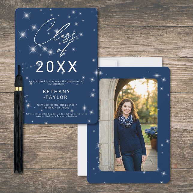 Anuncio Modern Navy Blue & White Sparkle Graduation (Modern Navy Blue & White Sparkle Graduation Announcement)