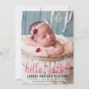 Anuncio Modern Pink Hello World Photo Birth Stat