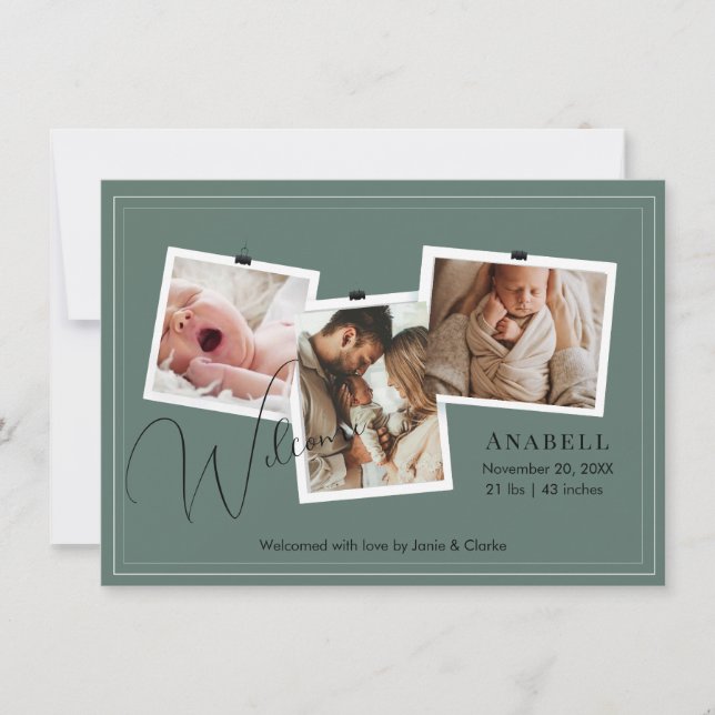 Anuncio Modern Sage Green Zigzag 3 Photo Collage Birth  (Anverso)