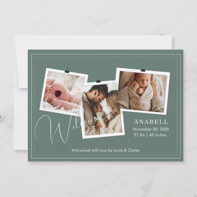 Anuncio Modern Sage Green Zigzag 3 Photo Collage Birth  (Anverso)