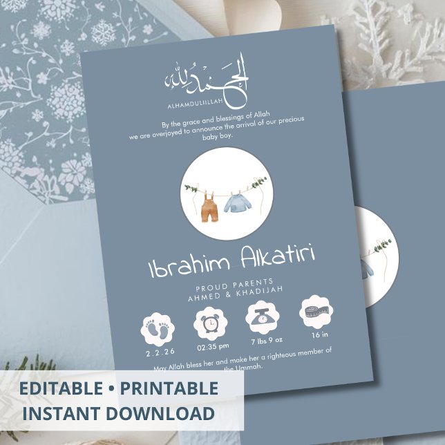 Anuncio Modern Slate Blue Islamic Baby Boy Birth (Subido por el creador)