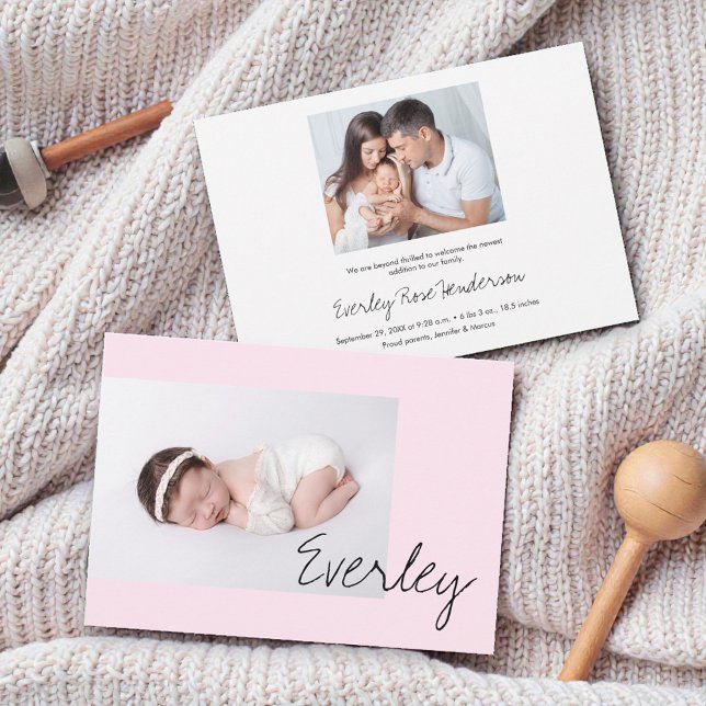 Anuncio Modern Soft Pink Baby Girl Name Script Photo Birth (Pink custom baby girl photo birth announcement cards.)
