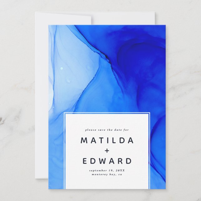 Anuncio moderna boda azul y blanca elegante (Anverso)