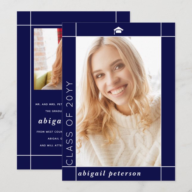 Anuncio Moderna clase azul marino de la graduación 2025. (Anverso / Reverso)