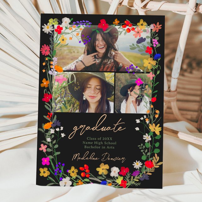 Anuncio Moderna moda boho brillante flores silvestres grad (Modern chic boho bright wild flowers graduation announcement black)
