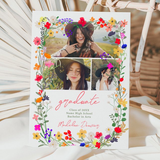 Anuncio Moderna moda boho brillante flores silvestres grad (Modern chic boho bright wild flowers graduation announcement)