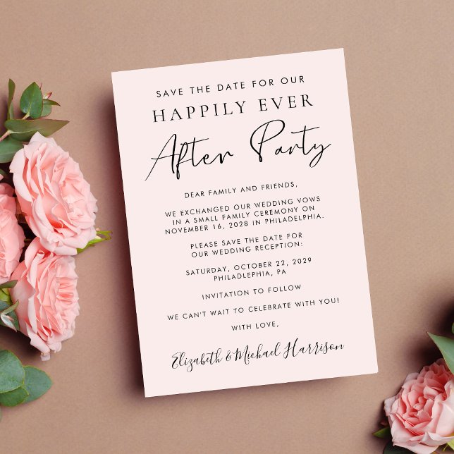 Anuncio Moderna recepción de foto de boda rosada salva la  (A stylish save the date announcement for a reception to celebrate your elopement or private wedding)
