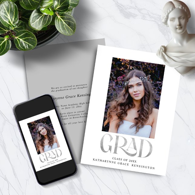 Anuncio Moderna tipografía de Relieve metalizado plateado  (Modern Silver Foil Typography Photo Graduation Announcement Invitation with Instant Download option)
