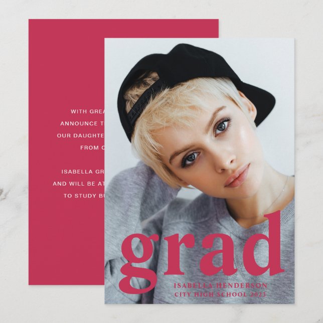 Anuncio Moderna tipografía magenta graduación fotográfica (Anverso / Reverso)