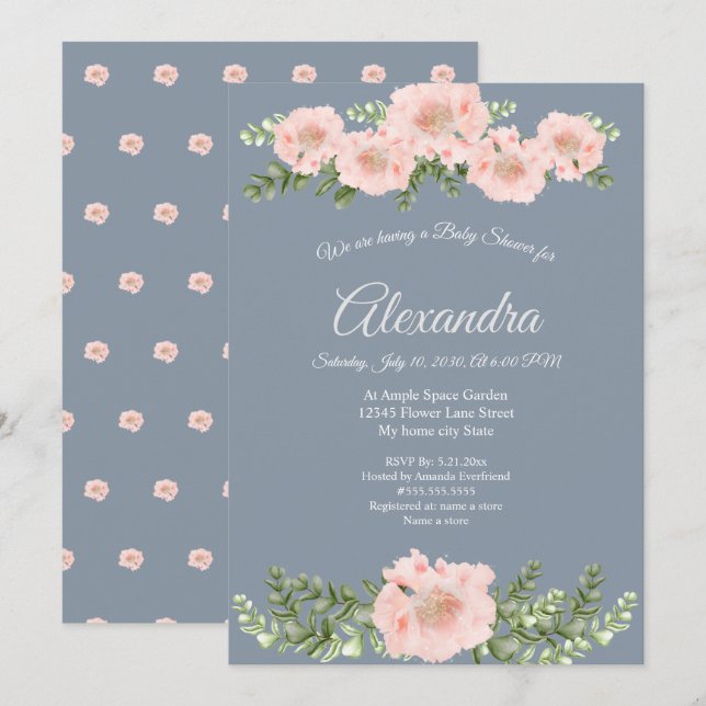 Anuncio Moderna y elegante Baby Shower floral rosa (Anverso / Reverso)