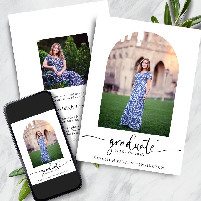 Anuncio Moderna y elegante foto de arco de graduación de g (Modern Elegant Script Graduation Arch Photo Announcement with Instant Download)
