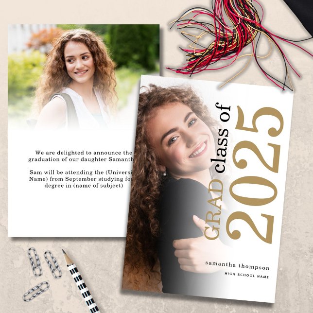 Anuncio Moderno 2 foto Gold Black Text 2023 Graduación Ann (Front and back view)