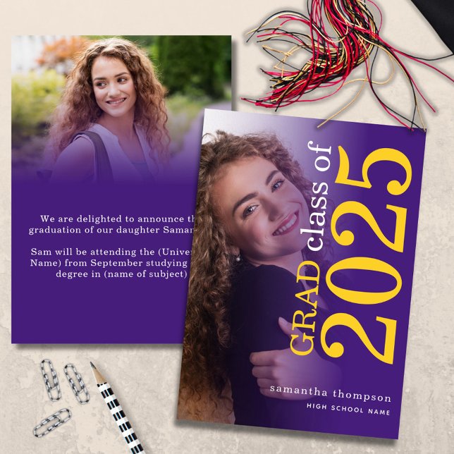 Anuncio Moderno 2 foto graduación amarillo morado 2025 (front and back view)