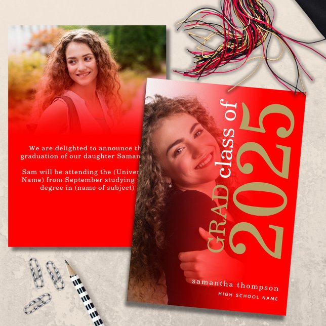 Anuncio Moderno 2 foto Oro Rojo 2025 Graduación (front and back view)
