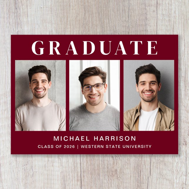 Anuncio Moderno 3 Foto Graduación Borgoña (Modern 3 Photo Burgundy Graduation Announcement)
