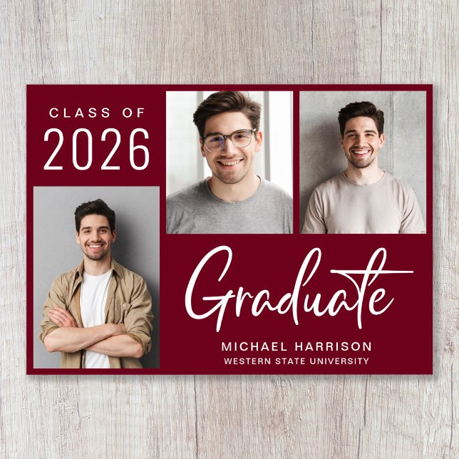 Anuncio Moderno 3 guión gráfico Borgoña Graduación (Cherish the milestone: share your graduate's achievement with a custom photo graduation announcement)