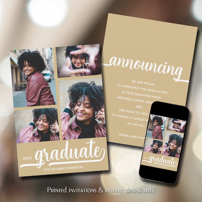 Anuncio Moderno 4 Foto Graduación de Oro (Modern 4 photo collage gold graduation announcements)