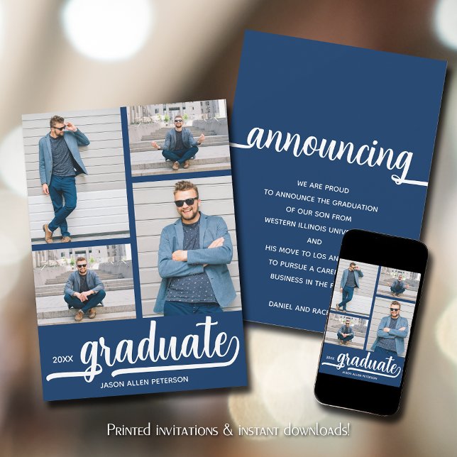 Anuncio Moderno 4 Graduación de foto azul (Modern 4 photo collage blue graduation announcements)