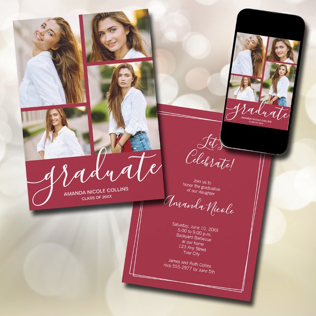 Anuncio Moderno 4 Graduación de foto de Crimson (Modern script 4 photo crimson red graduation announcements - PRINTED and/or INSTANT DOWNLOAD)