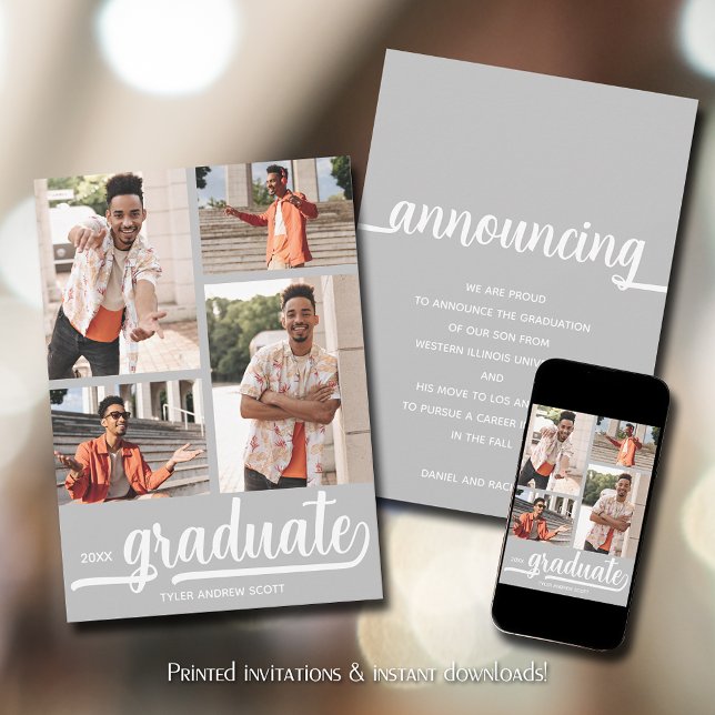 Anuncio Moderno 4 Graduación fotográfica (Modern 4 photo silver-gray graduation announcements)