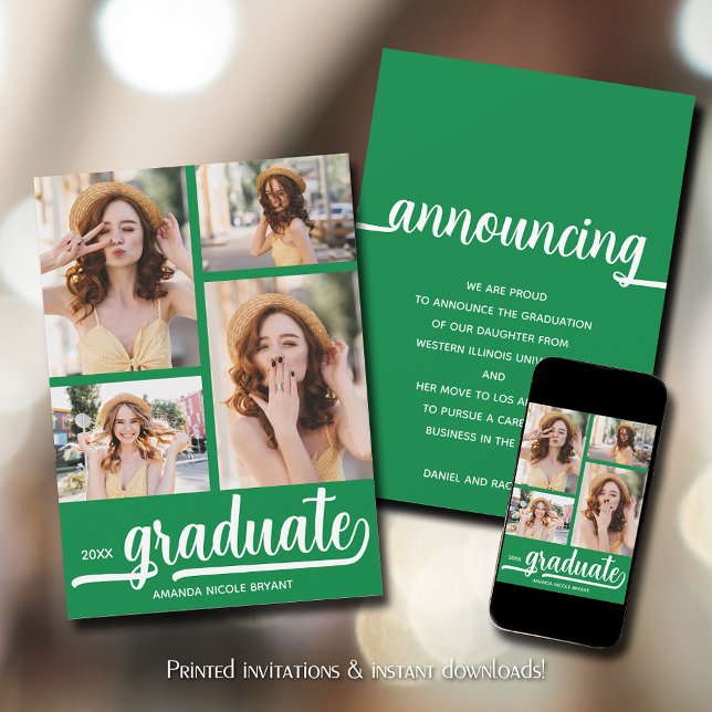 Anuncio Moderno 4 Graduación verde foto (Green graduation announcements feature your favorite photos)