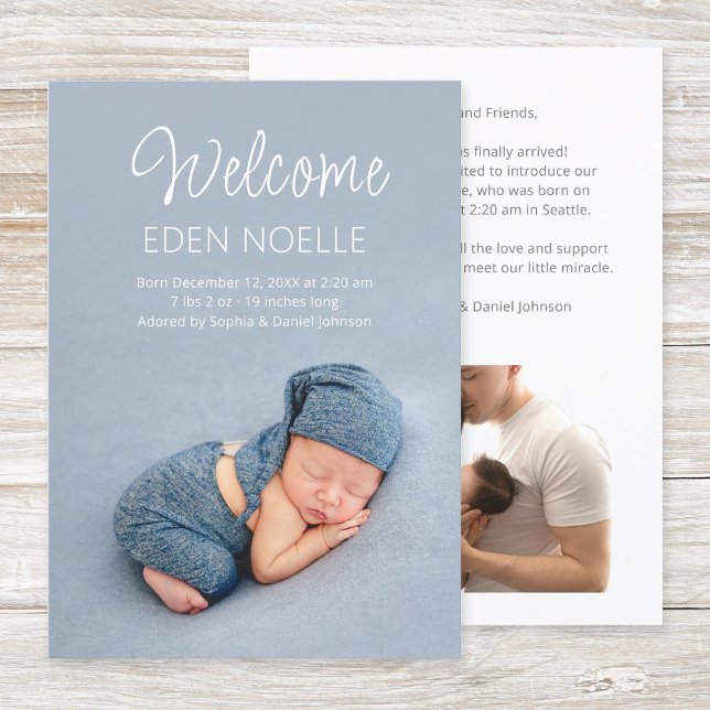 Anuncio Moderno Elegante Blanco Guión 2 Foto Nacimiento Re (Modern, elegant, white script 2 photo newborn birth announcement flat card. Simple baby photo card.)