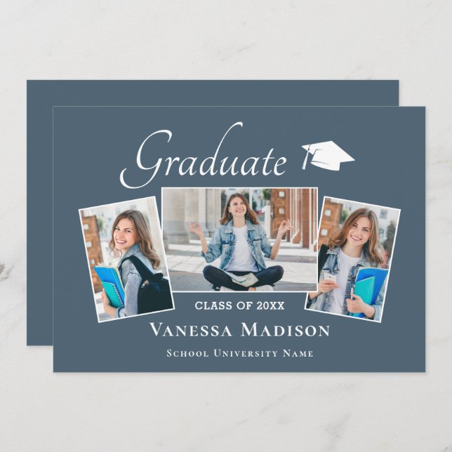 Anuncio Moderno | Elegante Dusty Blue 3 Graduación de foto (Anverso / Reverso)