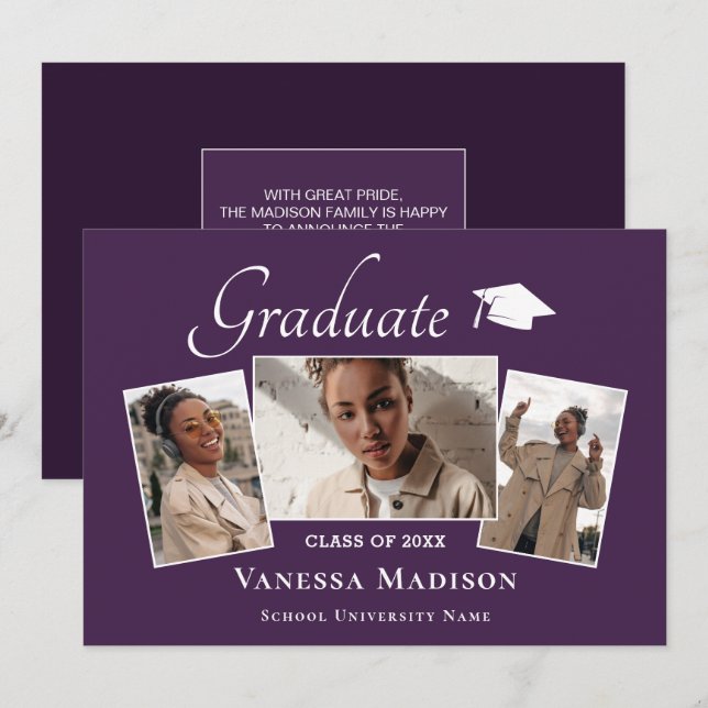 Anuncio Moderno | Elegante Graduación Fotográfica Púrpura  (Anverso / Reverso)