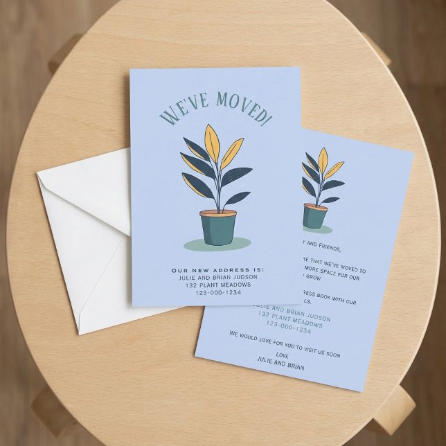 Anuncio Moderno "Nos hemos mudado" con la planta de la cas (Modern “We’ve Moved" with Potted house plant Announcement.)