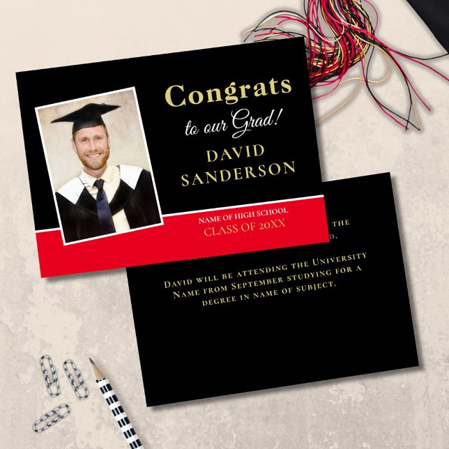 Anuncio Modernos Felicitaciones Grad Photo Name Gold Black (Front and Back View)
