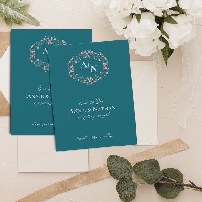 Anuncio Monograma Boda de marco floral intrincado verde (Monogram Green Intricate Floral Frame Wedding Announcement)