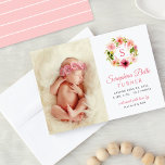 Anuncio Monograma Floral Rosa Moral Bebé Bebé Foto Nacimie<br><div class="desc">Esta elegante tarjeta de anuncio de natalidad fotográfica presenta a su bebé dulce con una foto del recién nacido junto a una corona de acuarela floral con un primer monograma personalizado enmarcado por una corona de vegetación con dahlia rosa pastel, rubor y melocotón y flores de rosa. El texto elegante...</div>
