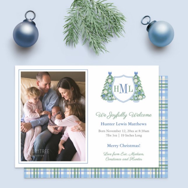 Anuncio Monograma Green Blue Holidays Photo Baby Boy Nacim (Preppy Christmas Monogram photo birth announcement cards for baby boy in light blue and green)