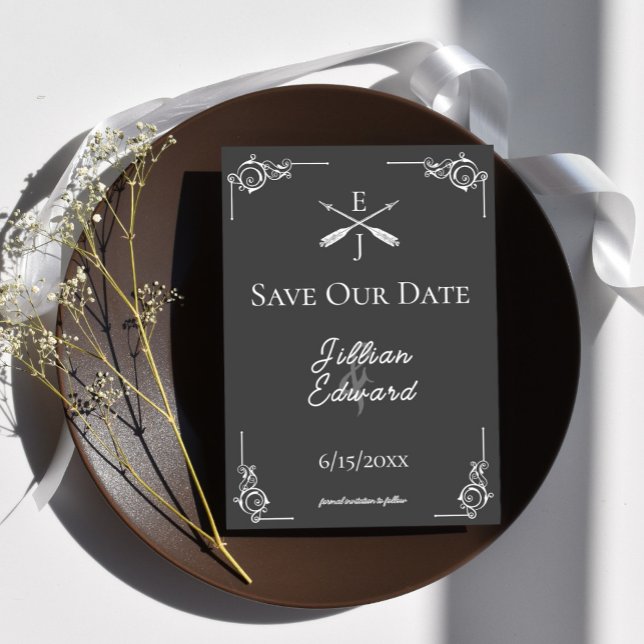 Anuncio Monograma gris y flechas para guardar la fecha (Gray Monogram and Arrows Save the Date)