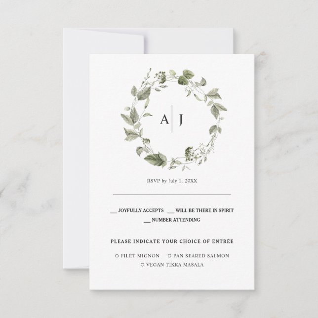 Anuncio Monograma | RSVP de boda con greenery de acuarela (Anverso)